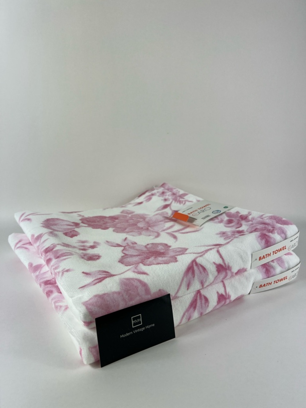 Caro Home Bath Towel Set Pink White Floral Soft Cotton Velour Set of 2 NEW